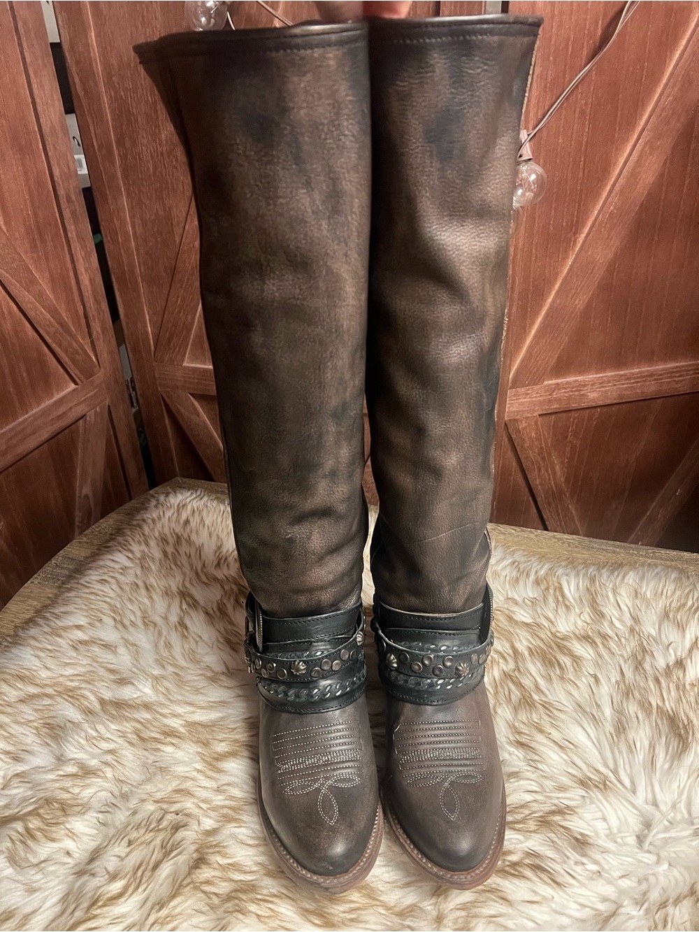 Freebird Rodondo Tall Brown/Black Studded Leather Riding Boots